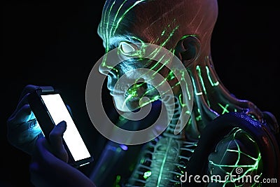 close-up of alien using handheld device to scan and analyze dna Stock Photo