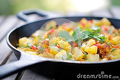 close-up of aloo gobi in a cast iron skillet Stock Photo
