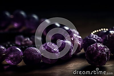 A close-up of amethyst gemstones, necklace or bracelet, with a focus on the unique and deep purple color. Concept luxury and Stock Photo