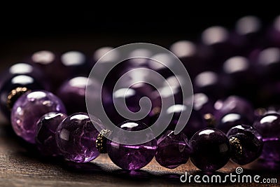 A close-up of amethyst gemstones, necklace or bracelet, with a focus on the unique and deep purple color. Concept luxury and Stock Photo