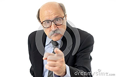 Close up of Angry older businessman boss accusing and blaming Stock Photo