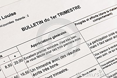 Close up of an anonymous French school report Stock Photo