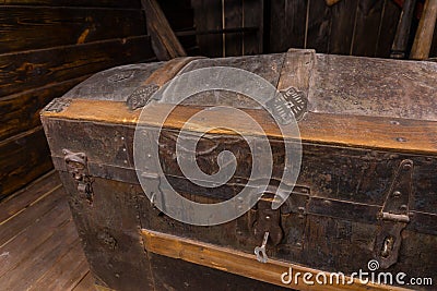 Close Up of Antique Treasure Chest on Deck of Ship Stock Photo