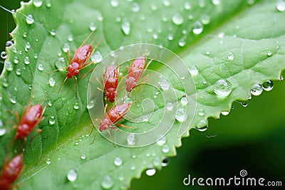 close-up of aphids feeding on a plant leaf Stock Photo