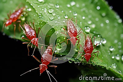 close-up of aphids feeding on a plant leaf Stock Photo