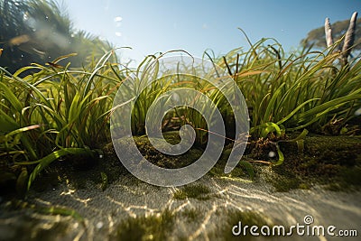 close-up of aquatic plants and seagrasses, with view of water surface in the background Stock Photo