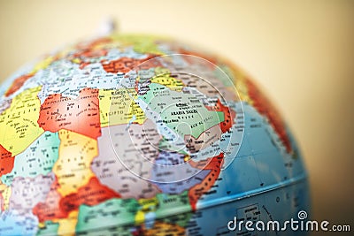 Close up of Arabia on globe Stock Photo