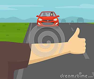Close up arm and hand hitchhiking on a road. Vector Illustration