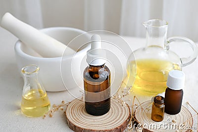 Close up aromatherapy and apothecary oil. herbal medicine concept Stock Photo