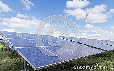 Array of thin film solar cells or amorphous silicon solar cells in solar power plant turn up skyward absorb the sunlight from the Stock Photo