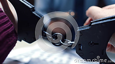Close up of arrested criminal hands in handcuffs with detective interrogating on background Stock Photo