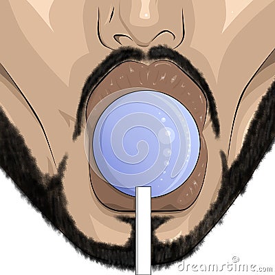 Close up art of male lips eats lollipop Stock Photo