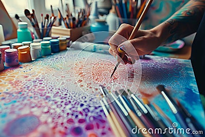 Close-up of an artist's hand with paint on fingers, using a brush on a colorful neurographic painting, with art Stock Photo