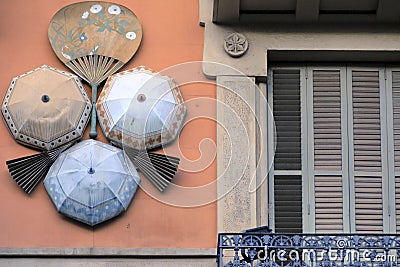 Close up artistic window balcony exterior in Barcelona, Spain Editorial Stock Photo