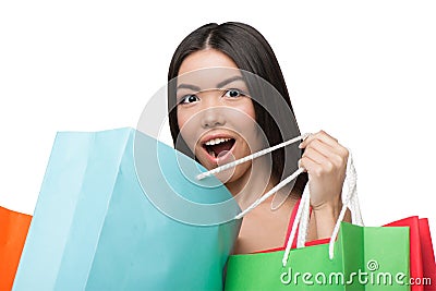 Close up of asian surprised woman after shopping Stock Photo