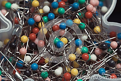 close up of assortment of colorful sewing pins Stock Photo