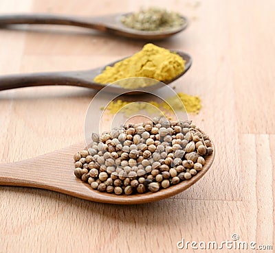 Close up of assortment spices in wooden spoons on wooden background Stock Photo