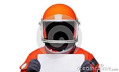 Close-up of an astronaut wearing orange spacesuit and helmet holding a blank sign, isolated on white background. Sci fi themes. Stock Photo