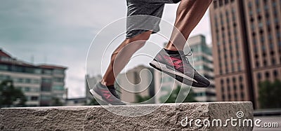 Close-up athlete foots vaulting over urban obstacles in a dynamic action, concept of Parkour, created with Generative AI Stock Photo