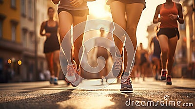 Close up athlete group women feet running on city road town city background sun light flare Stock Photo