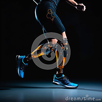 Close-up athlete's legs with orthosis on dark background. Generative AI Cartoon Illustration