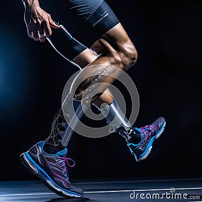 Close-up athlete's legs with orthosis on dark background. Generative AI Cartoon Illustration