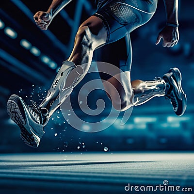 Close-up athlete's legs with orthosis on dark background. Generative AI Cartoon Illustration