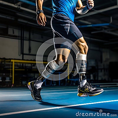 Close-up athlete's legs with orthosis on dark background. Generative AI Cartoon Illustration