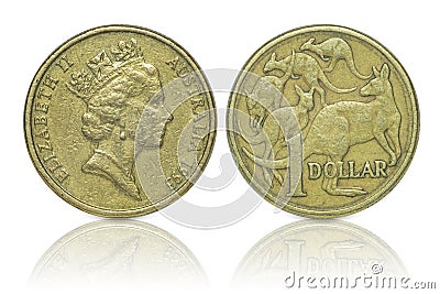 Close up - Australian dollar coins islated on white background with clipping path. Reflection coin on white background. I Editorial Stock Photo