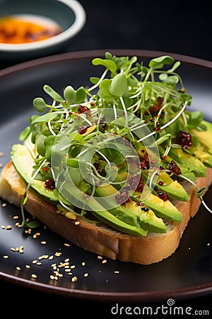 Close-up avocado toast, garnished with microgreens and a touch of chili Stock Photo