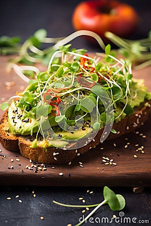 Close-up avocado toast with microgreens and a sprinkle of chili flakes Stock Photo