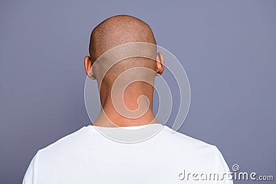 Close up back behind rear view photo dark skin he him his man turned to empty space distracted unrecognizable groomed Stock Photo