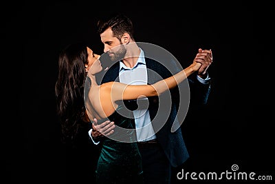 Close up back rear behind photo beautiful she her wife he him his husband mrs mr married spouse hold hands tango slow Stock Photo