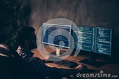 Close up back rear behind photo handsome he him his guy coder typing keyboard development outsource IT processing Stock Photo