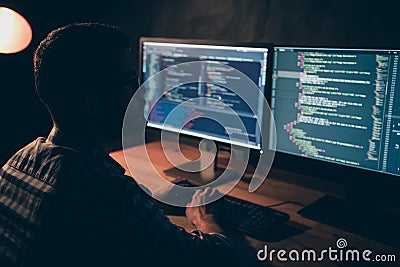 Close up back rear behind photo handsome he him his guy coder typing php css html keyboard development outsource IT Stock Photo