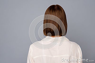 Close up back rear behind view photo beautiful amazing she her lady ignoring don`t want speak tell talk say big offense Stock Photo
