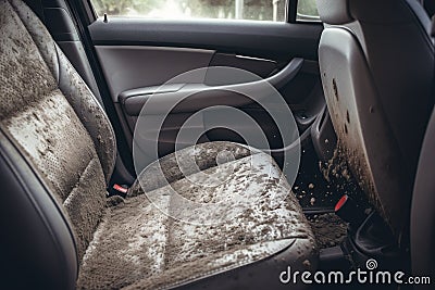 Close up of the back seat of a car. Car interior, Dry wash cleaner is removing dirt and dust from the car seat, AI Generated Stock Photo