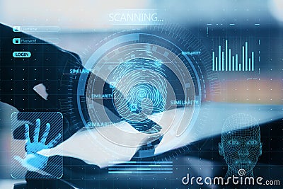 Close up of backlit female hand pointing at tablet with abstract glowing finger scanning hologram on dark background. Fingerprint Stock Photo