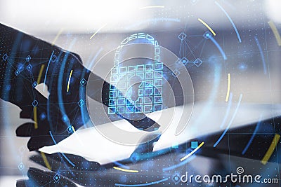 Close up of backlit woman hand pointing at pad at desktop with glowing security padlock on background. Secure, safety and digital Stock Photo