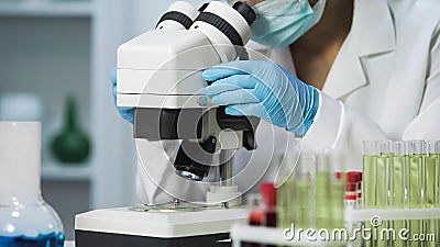 Close-up of bacteriologist viewing samples of bacteria on microscope, virology Stock Photo