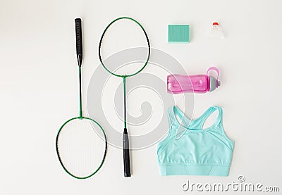 Close up of badminton rackets with sports stuff Stock Photo