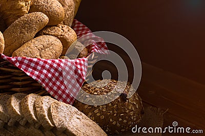 Close up of Baked Bread with basket; Various fresh bread such as sesame bun Stock Photo