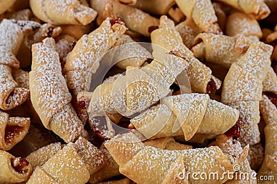 Close up of baked crescent cookies with jam Stock Photo