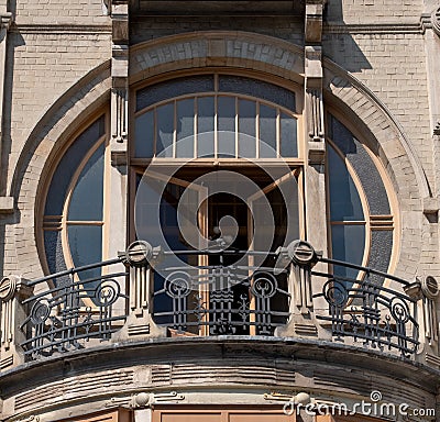 Close up of balcony with details at 92 Rue Africaine, Brussels, Belgium, built in typical Art Nouveau style by Benjamin De LestrÃ© Stock Photo