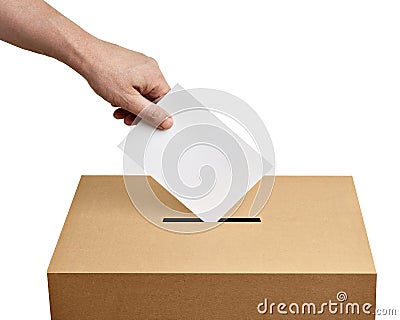 ballot box casting vote election referendum politics elect man female democracy hand voter political Stock Photo