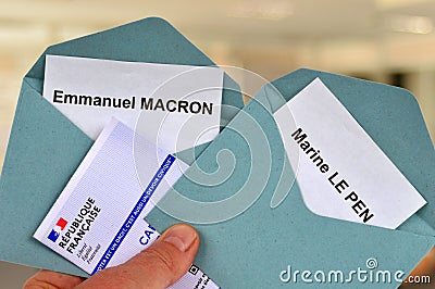 Ballot papers for Emmanuel Macron and Marine Le Pen with a close-up electoral card Editorial Stock Photo