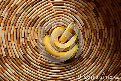 a close-up of a banana cut into spiral shapes on a bamboo mat Stock Photo