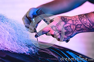 Close up barber tattooed male hands cutting large beard to client - Hairdresser working in barbershop Stock Photo