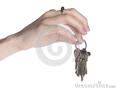 Close up Bare Woman Hand with Ring Holding Keys Stock Photo