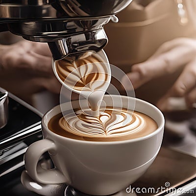 A close-up of a baristas hands creating intricate latte art on the surface of a cappuccino2 Stock Photo